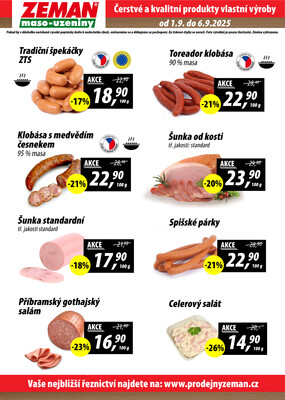 ZEMAN maso-uzeniny akční leták pro vybrané prodejny druhé skupiny od 1.9. do 6.9.2025