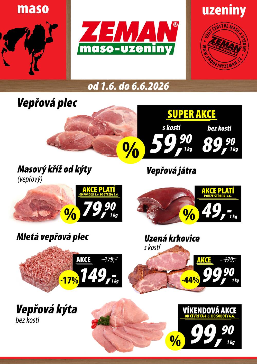 ZEMAN maso-uzeniny akční leták pro vybrané prodejny první skupiny od 1.6. do 6.6.2026