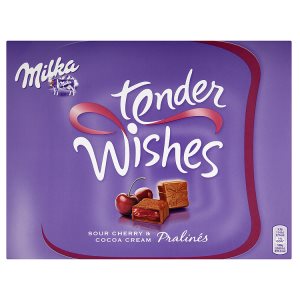 Milka Tender wishes bonbony z mléčné čokolády s kakaovou a višňovou náplní s višňovou příchutí 110g