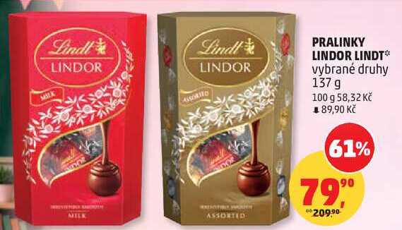 PRALINKY LINDOR LINDT vybrané druhy, 137 g