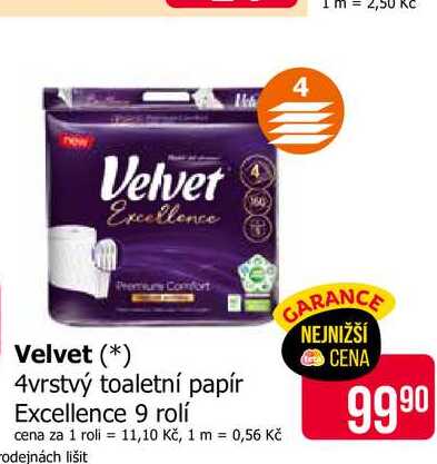 Velvet 4vrstvý toaletní papír Excellence 9 rolí