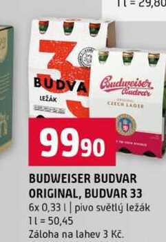 BUDWEISER BUDVAR ORIGINAL, BUDVAR 33 6x 0,33l pivo světlý ležák