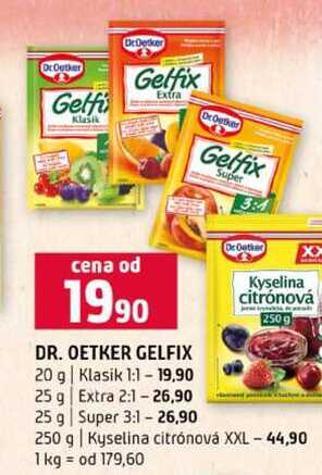 DR. OETKER GELFIX 20 g Klasik 1:1 25 g Extra 2:1 25 g Super 3:1 Kyselina citrónová 250 g 250 g | Kyselina citrónová XXL 