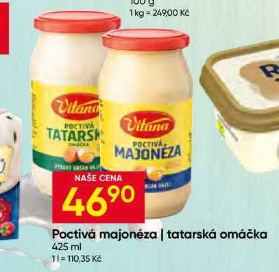 Vitana Poctivá tatarská omáčka, majonéza 425ml, vybrané druhy