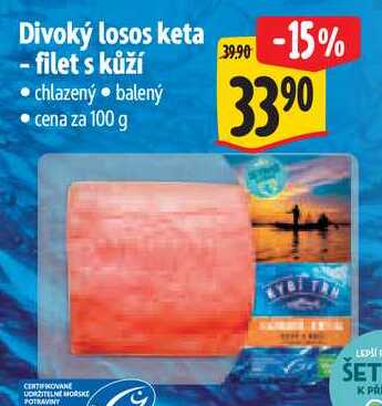 Divoký losos keta - filet s kůží, cena za 100 g  