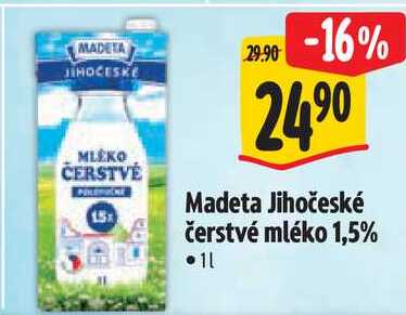 Madeta Jihočeské čerstvé mléko 1,5%, 1 l