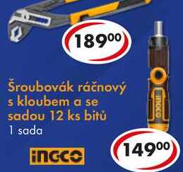 Šroubovák ráčnový s kloubem a se sadou 12 ks bitů 