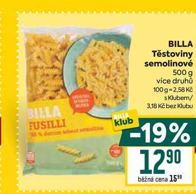 BILLA Těstoviny semolinové 500 g