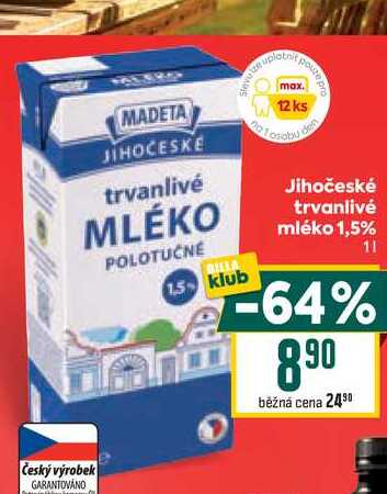 Jihočeské trvanlivé mléko 1,5% 1l