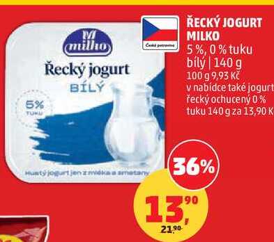 ŘECKÝ JOGURT MILKO 5%, 0% tuku bílý, 140 g