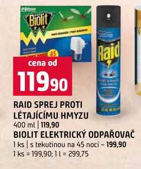 RAID SPREJ PROTI LÉTAJÍCÍMU HMYZU 400 ml BIOLIT ELEKTRICKÝ ODPAŘOVAČ 1 ks s tekutinou na 45 nocí 