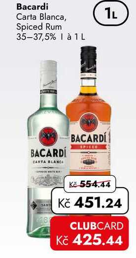 Bacardi Carta Blanca, Spiced Rum 35-37,5%  1L  