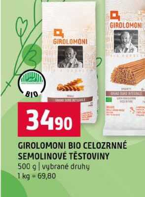 GIROLOMONI BIO CELOZRNNÉ SEMOLINOVÉ TĚSTOVINY 500 g vybrané druhy 