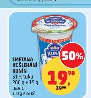 SMETANA KE ŠLEHÁNÍ KUNÍN 31% tuku 200 g + 15g