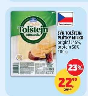 SÝR TOLŠTEJN PLÁTKY MILKO originál 45%, protein 30% 100 g