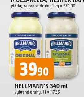Hellmann's majonéza, tatarská omáčka 340ml, vybrané druhy