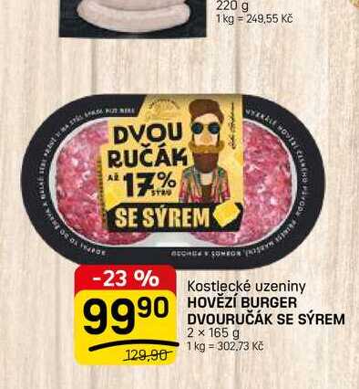 HOVĚZÍ BURGER DVOURUČÁK SE SÝREM 2 x 165 g