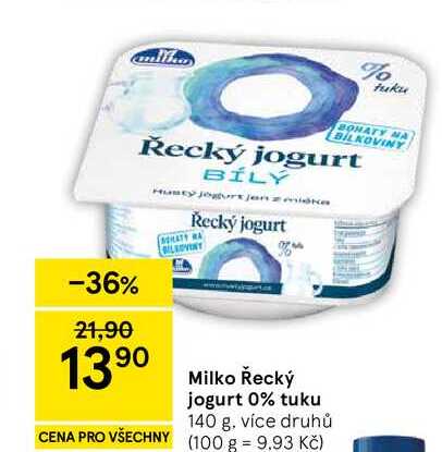 Milko Řecký jogurt 0% tuku, 140 g, více druhů 