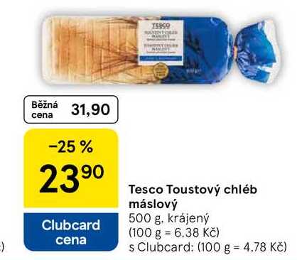 Tesco Toustový chléb máslový, 500 g. krájený  
