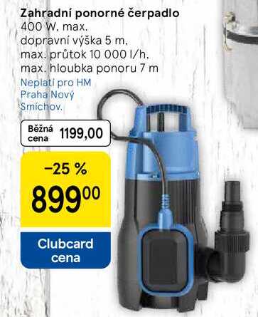 Zahradní ponorné čerpadlo, 400 W. max. dopravní výška 5 m. max. průtok 10 000 1/h. max. hloubka ponoru 7 m 