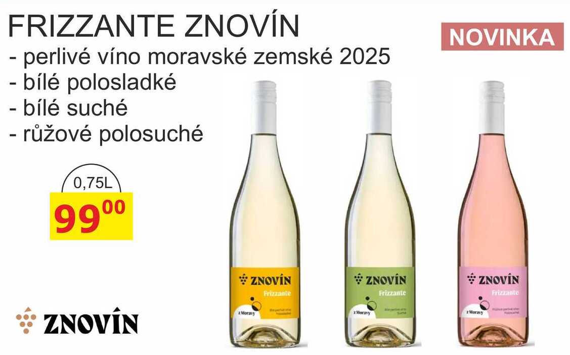 FRIZZANTE ZNOVÍN - perlivé víno moravské zemské 2025 - bílé polosladké - bílé suché - růžové polosuché 0,75L
