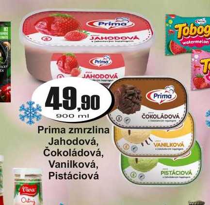 Prima zmrzlina Jahodová, Čokoládová, Vanilková, Pistáciová