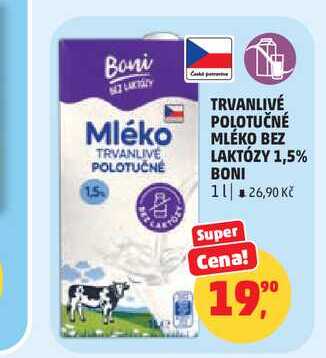 Boni TRVANLIVÉ POLOTUČNÉ MLÉKO BEZ LAKTÓZY 1,5% 1L