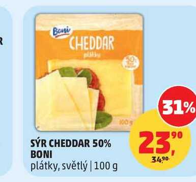 BONI SÝR CHEDDAR 50% plátky, světlý 100 g
