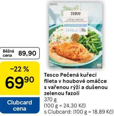 Tesco Pečená kuřecí fileta v houbové omáčce s vařenou rýží a dušenou zelenou fazolí, 370 g