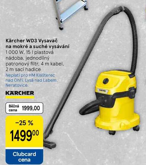 Kärcher WD3 Vysavač na mokré a suché vysávání, 1000 W. 15 I plastová nádoba, jednodílný patronový filtr. 4 m kabel. 2 m sací hadice 