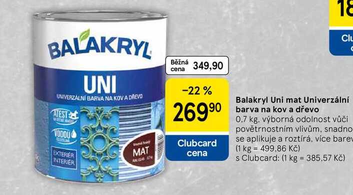 Balakryl Uni mat Univerzální barva na kov a dřevo, 0.7 kg. výborná odolnost vůči povětrnostním vlivům, snadno se aplikuje a roztírá