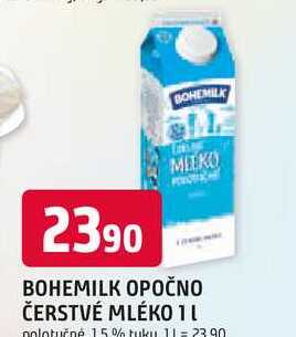 BOHEMILK OPOČNO ČERSTVÉ MLÉKO 1l polotučné 15% tuku