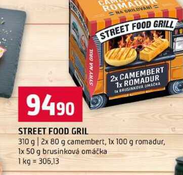STREET FOOD GRIL 310 g 2x 80 g camembert, 1x 100 g romadur, 1x 50 g brusinková omáčka 