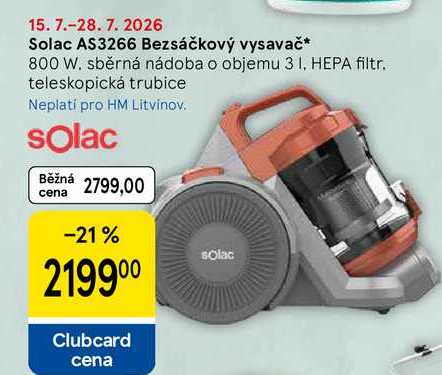 Solac AS3266 Bezsáčkový vysavač, 800 W. sběrná nádoba o objemu 3 l, HEPA filtr. teleskopická trubice 