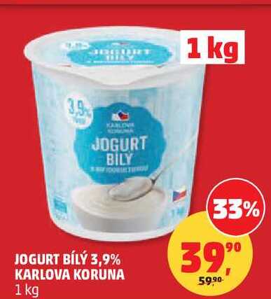 JOGURT BÍLÝ 3,9% KARLOVA KORUNA, 1 kg  