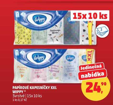 PAPÍROVÉ KAPESNÍČKY XXL WIPPY, 3vrstvé, 15x 10 ks