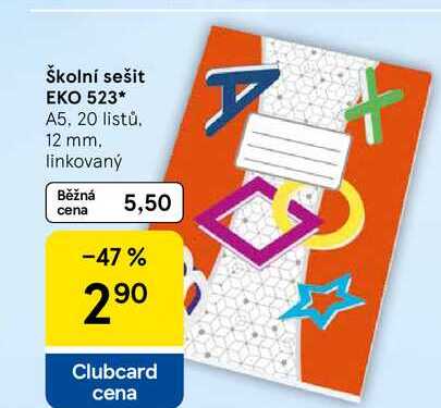 Školní sešit EKO 523, A5, 20 listů. 12 mm. linkovaný 
