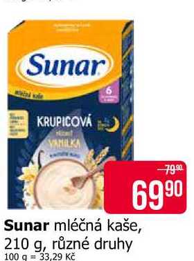 Sunar mléčná kaše, 210 g, různé druhy