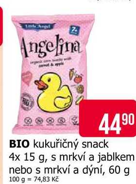 Angelina BIO kukuřičný snack 4x 15 g, s mrkví a jablkem nebo s mrkví a dýní, 60 g