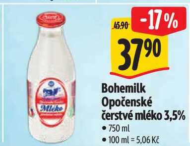 Bohemilk Opočenské čerstvé mléko 3,5%, 750 ml •