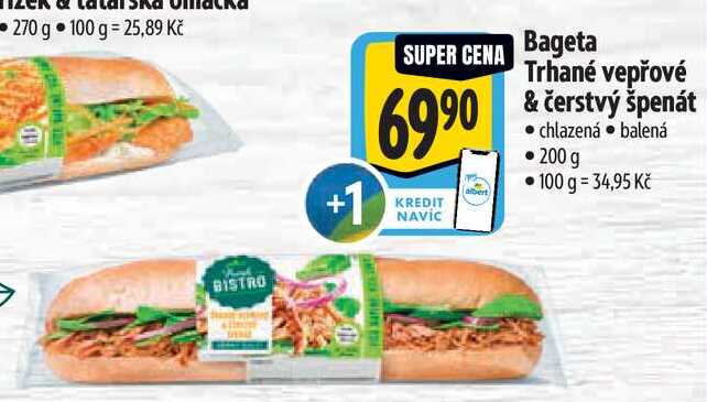 Bageta Trhané vepřové & čerstvý špenát, 200 g