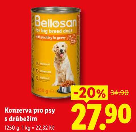 Konzerva pro psy s drůbežím, 1250 g