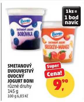 SMETANOVÝ DVOUVRSTVÝ OVOCNÝ JOGURT BONI různé druhy, 145 g