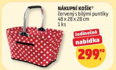 NÁKUPNÍ KOŠÍK červený s bílými puntíky 48 x 28 x 28 cm, 1 ks   