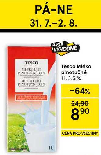 Tesco Mléko plnotučné, 1 l