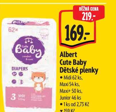 Albert Cute Baby Dětské plenky Midi 62 ks, Maxi 54 ks, Maxi+ 50 ks, Junior 46 ks