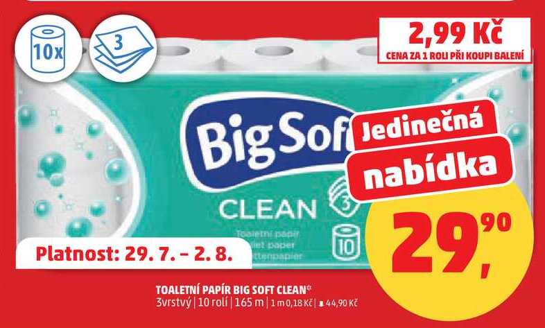 TOALETNÍ PAPÍR BIG SOFT CLEAN 3vrstvý, 10 rolí, 165 m  