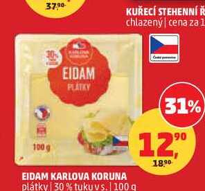 EIDAM KARLOVA KORUNA plátky 30% tuku vs., 100 g