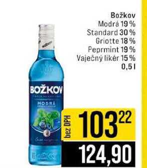 Božkov Modrá 19% Standard 30% Griotte 18% Peprmint 19% Vaječný likér 15% 0,5l