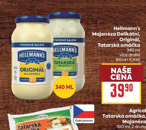 Hellmann's Majonéza Delikátní, Originál, Tatarská omáčka 340 ml 